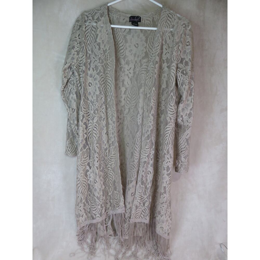 Vintage Questions Women's Cardigan Size Large Lace Floral Cottagecore Beige
